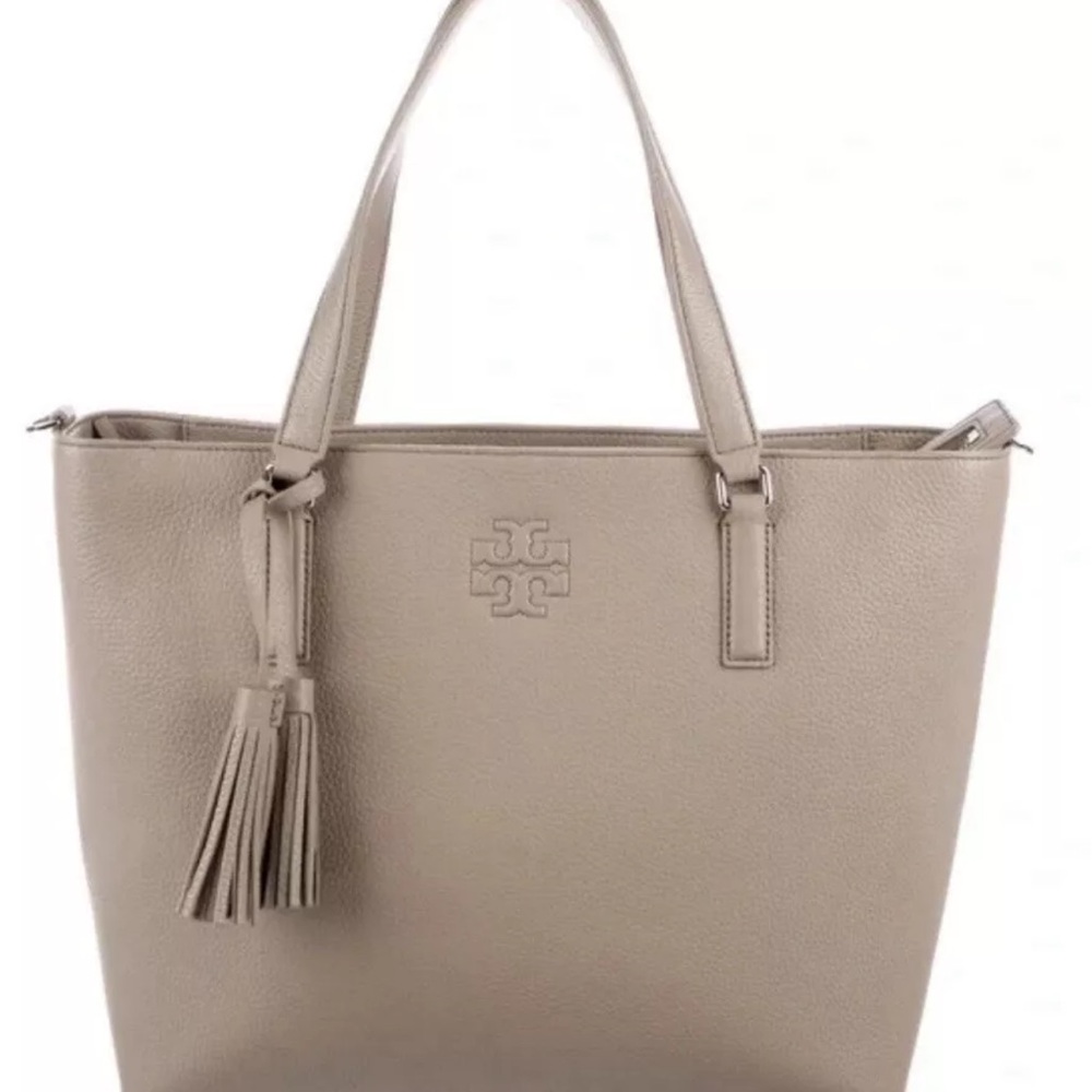 NWT Tory Burch French Gray Pebbled Leather Thea Convertible Tote Bag MSRP $495
